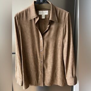 Doncaster Brown Textured Button Down Blouse Women’s Large Slub Silk Look Shirt